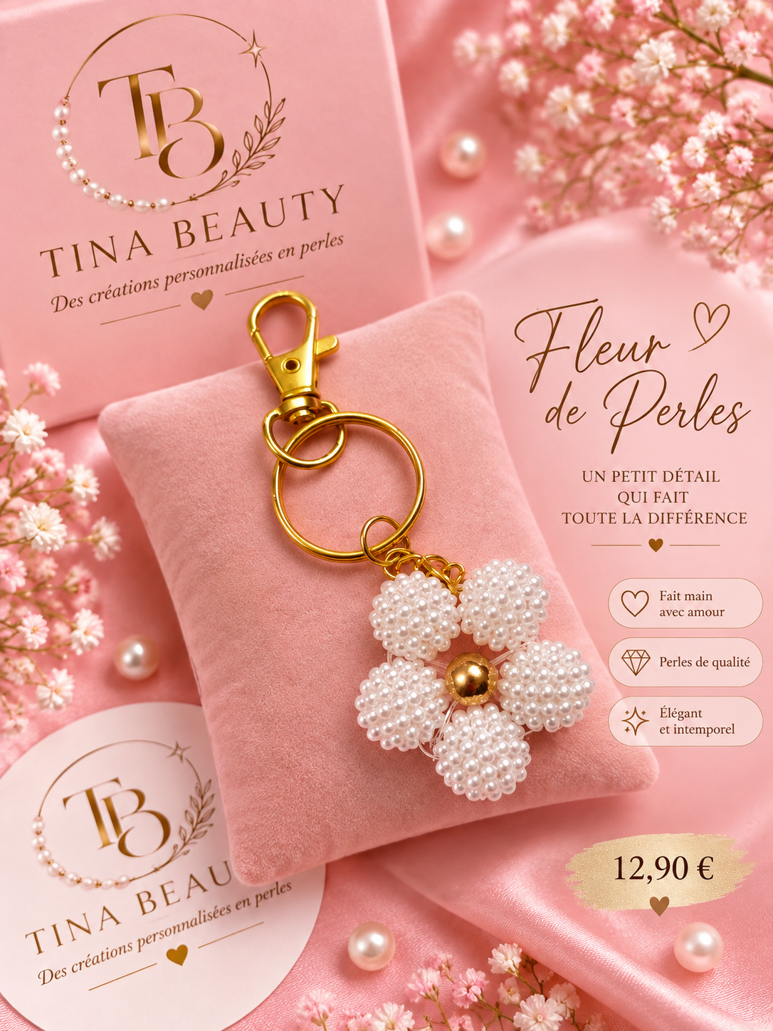 Porte clés fleur blanche et doré✨