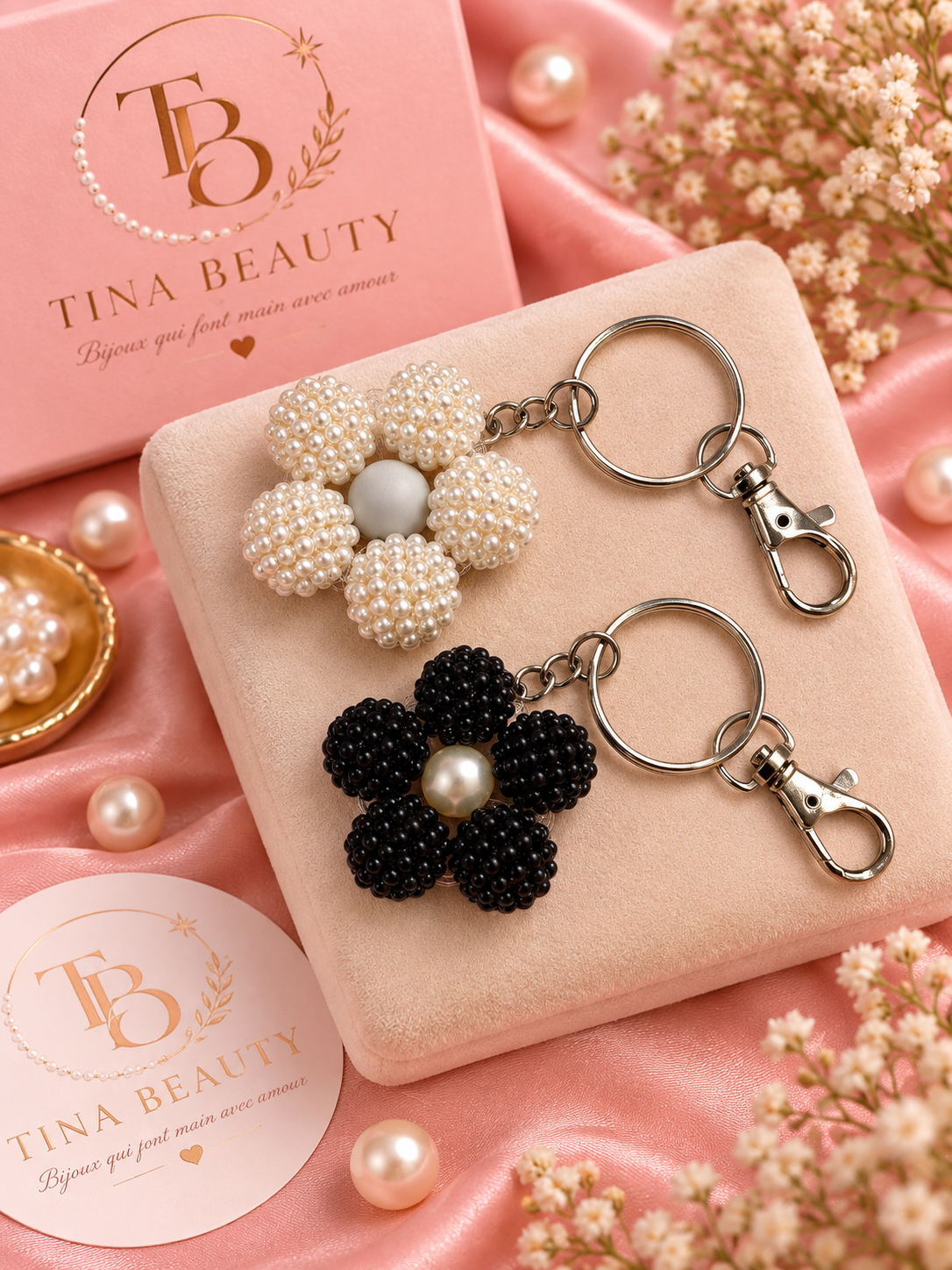 Porte clés fleur noir ou blanc argenté✨
