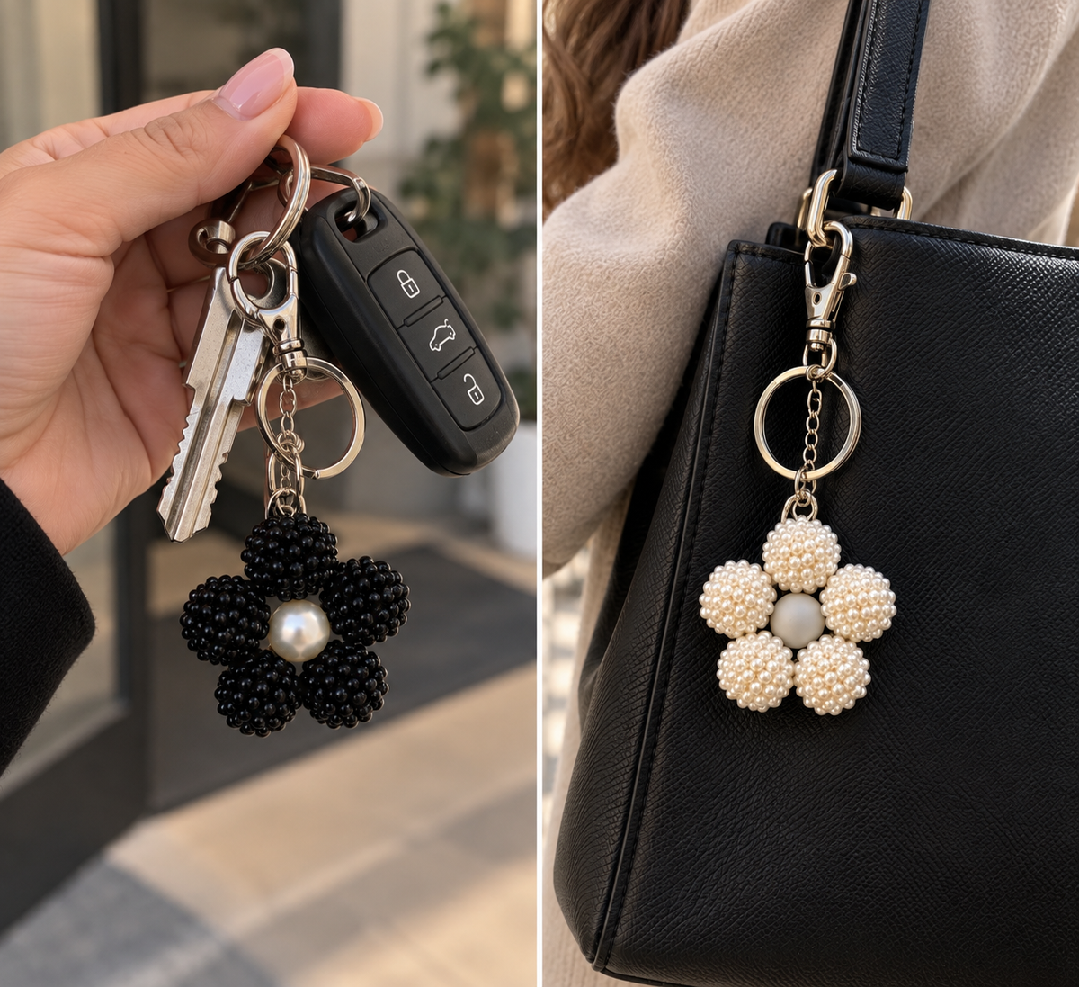 Porte clés fleur noir ou blanc argenté✨